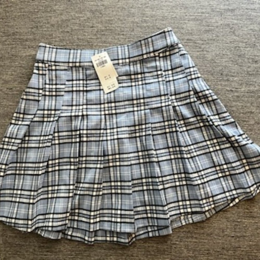 Hollister Light Blue Plaid Pleated Mini Skirt
